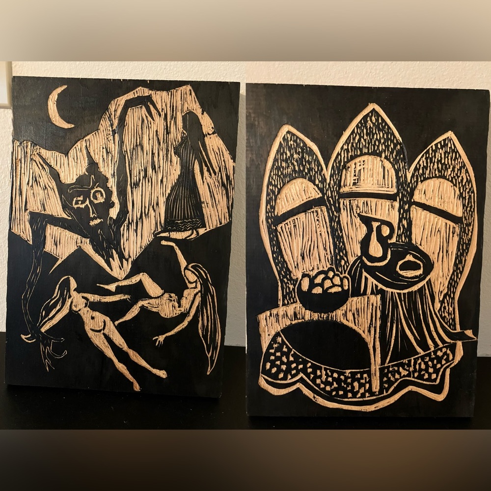 2 Vintage Woodcut prints on wood